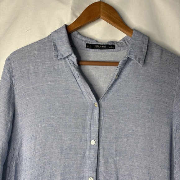 Zara Basics Women's L Chambray Roll up 3/4 Sleeves‎ Tunic Blue Shirt Dress - Picture 3 of 7